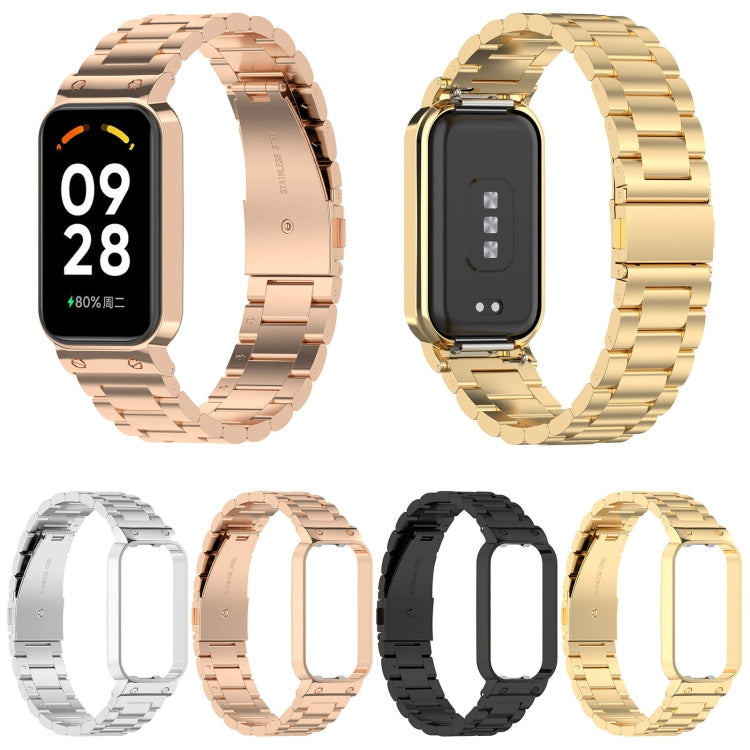 Three-bead steel watch bands set showing rose gold, silver, black, and gold colors