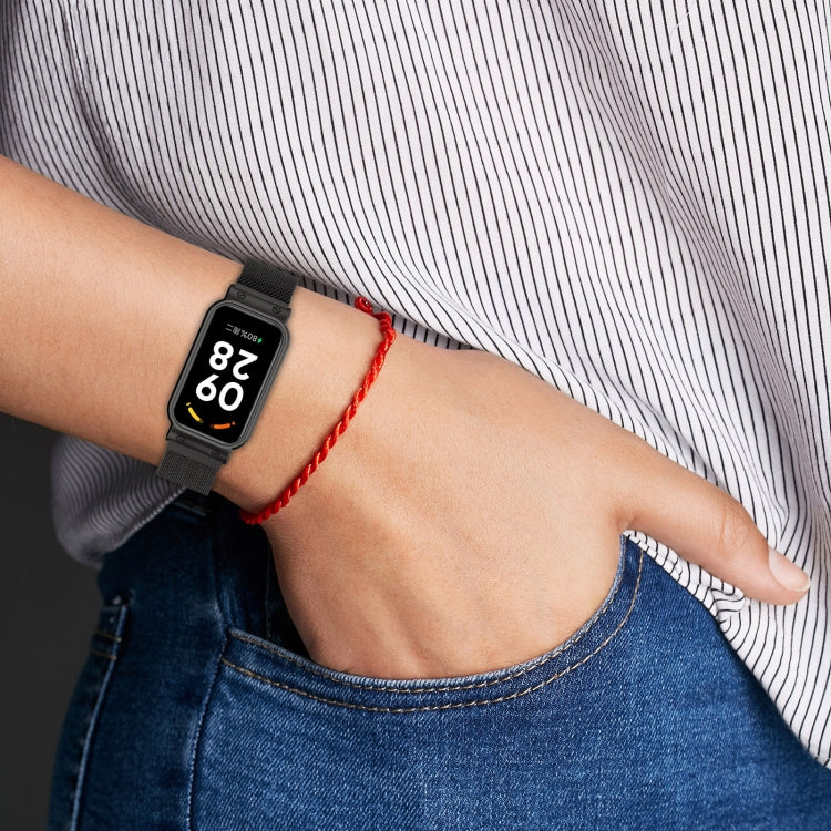 Black Milan metal watch band on wrist with interlinked mesh band style