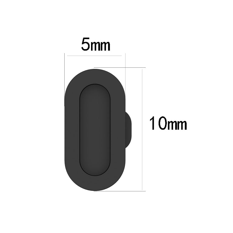 Black charging port dust plug size 5mm by 10mm, rounded oval cover