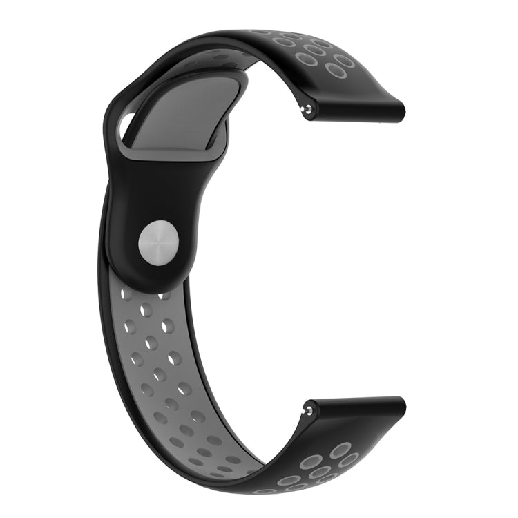 Two-tone silicone watch strap, black band with gray perforation pattern, side clasp