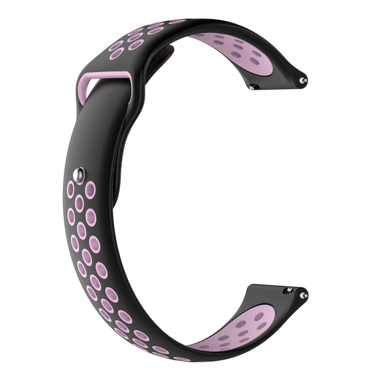 Two-tone silicone smartwatch wrist strap, black with purple ring pattern, clasp and pin