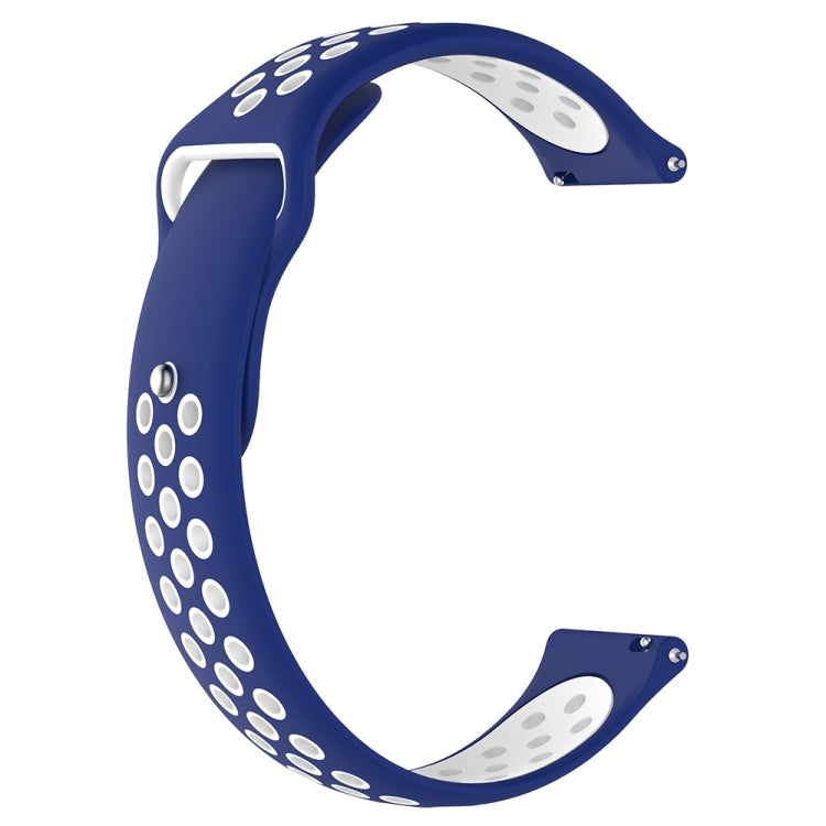 Two-tone replacement watch strap in blue with white perforated pattern and metal end pieces