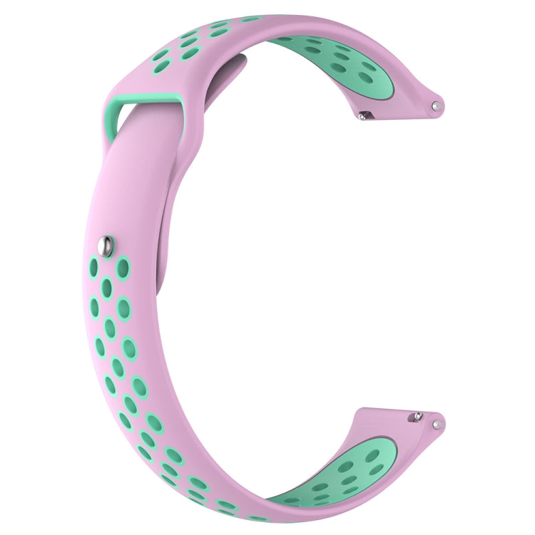 Two-tone replacement watch strap in pink with mint-green perforated pattern and buckle slots