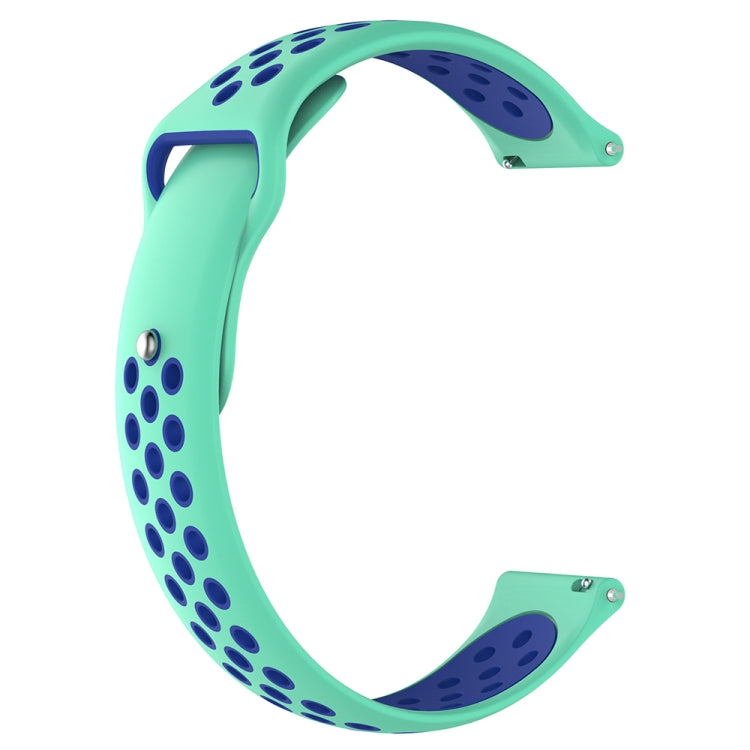 Two-tone replacement watch strap in teal with dark-blue perforated pattern and end screws
