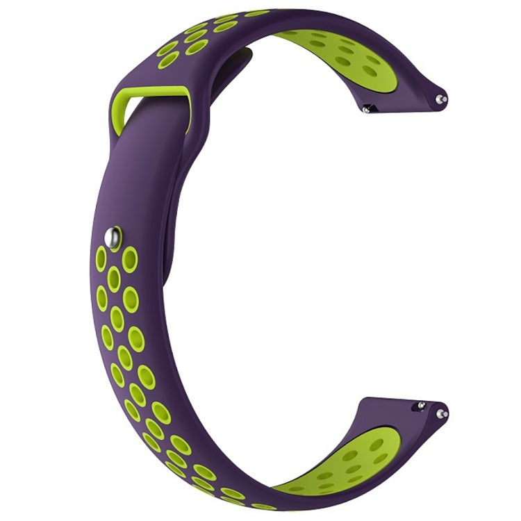 Two-tone replacement watch strap in purple with lime-yellow perforated pattern and clasp ends