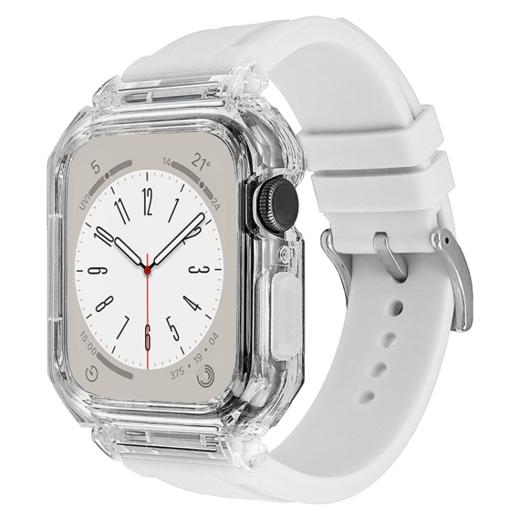 Clear polycarbonate watch case with white silicone band, front view
