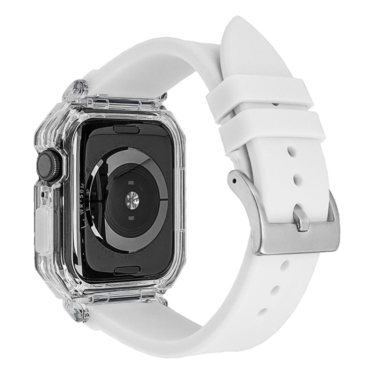 Clear polycarbonate case with white silicone Apple Watch band, side close-up