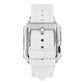 Clear polycarbonate watch case with white silicone band, back view
