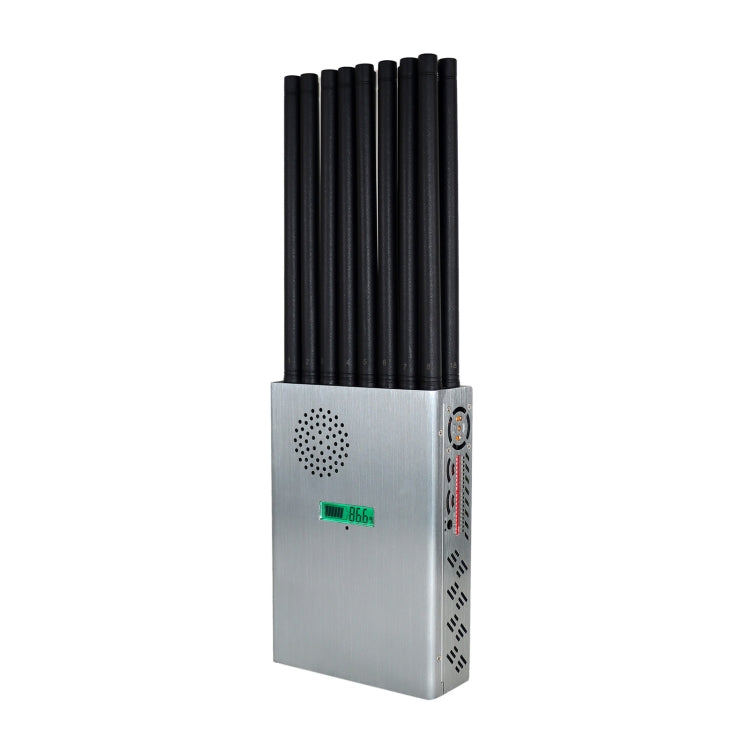Handheld signal jammer with silver body and multiple black antenna rods