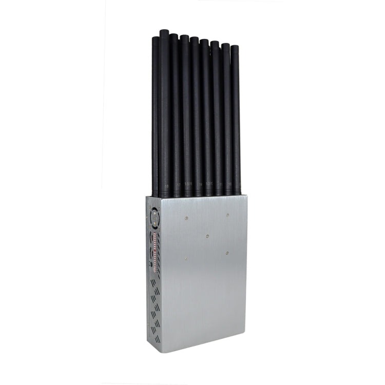 Handheld signal jammer with silver casing and vertical stack of black antenna rods