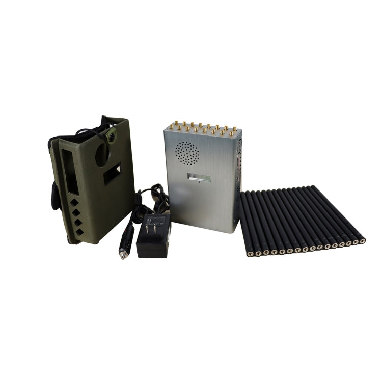 Handheld signal jammer kit with case, power adapter, and black antenna cables
