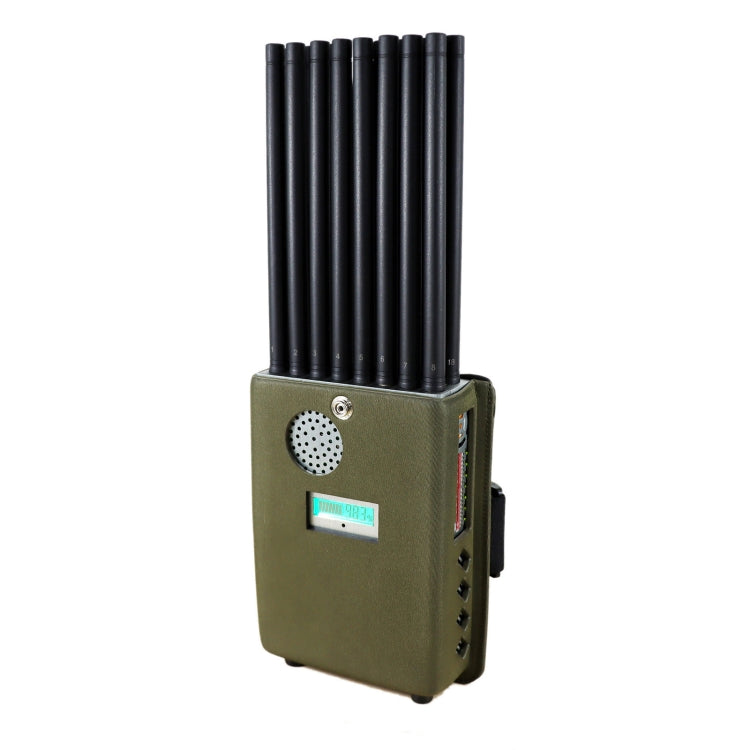 Handheld signal jammer with olive body and multiple black antenna rods