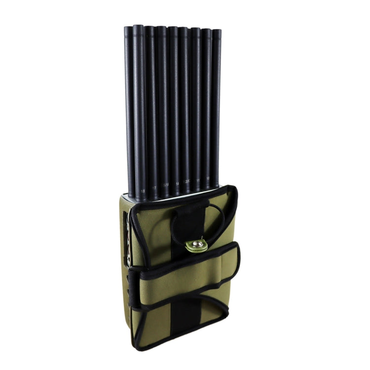 Handheld signal jammer with olive case and black antenna rods with carrying strap