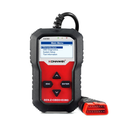 OBD2 car diagnostic scanner with red/black body, screen, buttons, and OBDII cable
