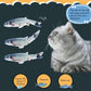 Set of three blue electric simulation fish toys with one gray cat watching