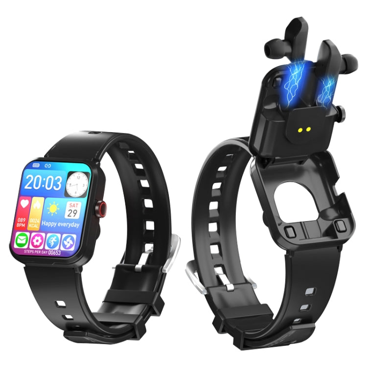 Black smartwatch with colorful health screen, silicone strap, and side buttons.