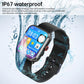 Waterproof black smart bracelet smartwatch with screen on and splash background