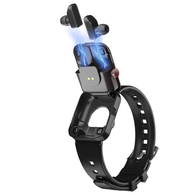 Black smartwatch with glowing blue display icons on a silicone wrist strap.