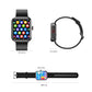 Black smartwatch with silicone strap and included charging cable, shown with size diagram.
