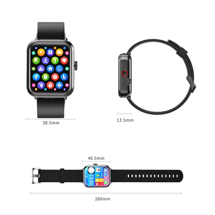 Black smartwatch with silicone strap and included charging cable, shown with size diagram.