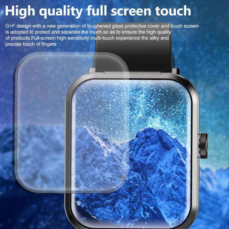 Black smartwatch with full-screen touch and tempered glass cover, blue mountain display.