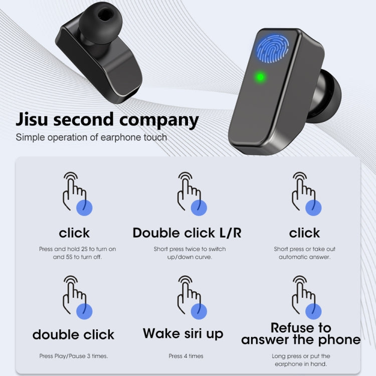 Black wireless earbuds with charging case and green indicator light.