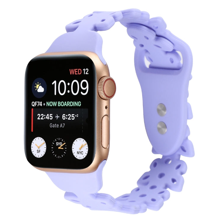 Silicone watch band with butterfly cutouts, lavender, close-up for Apple Watch