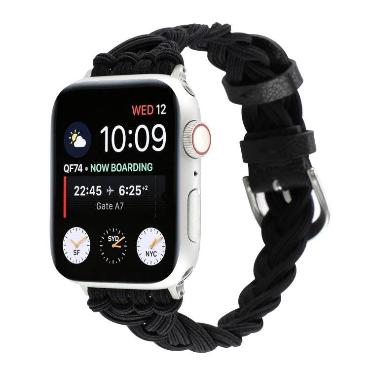 Black braided elastic nylon Apple Watch band with metal buckle and loop adjuster