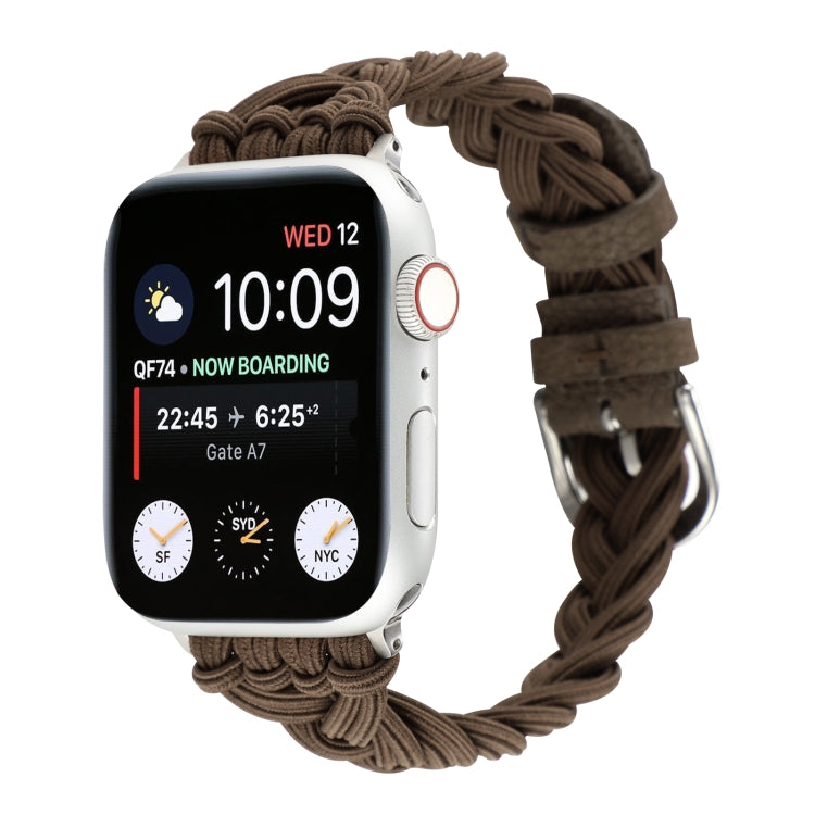 Brown elastic nylon braid watch band for Apple Watch with metal buckle clasp