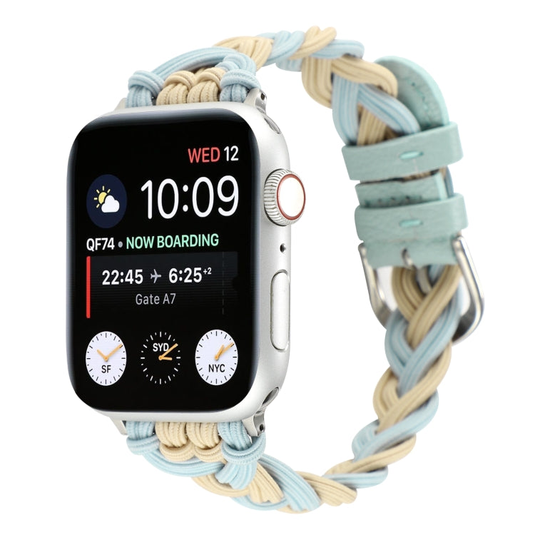 Apple Watch braided nylon elastic band, light blue and tan weave with buckle