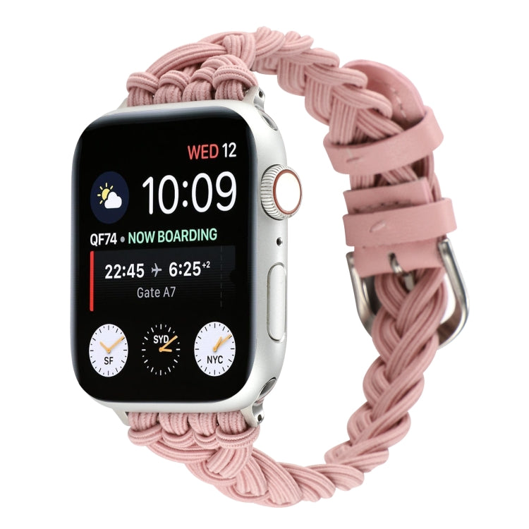 Apple Watch braided nylon elastic band, blush pink woven braid with buckle on watch