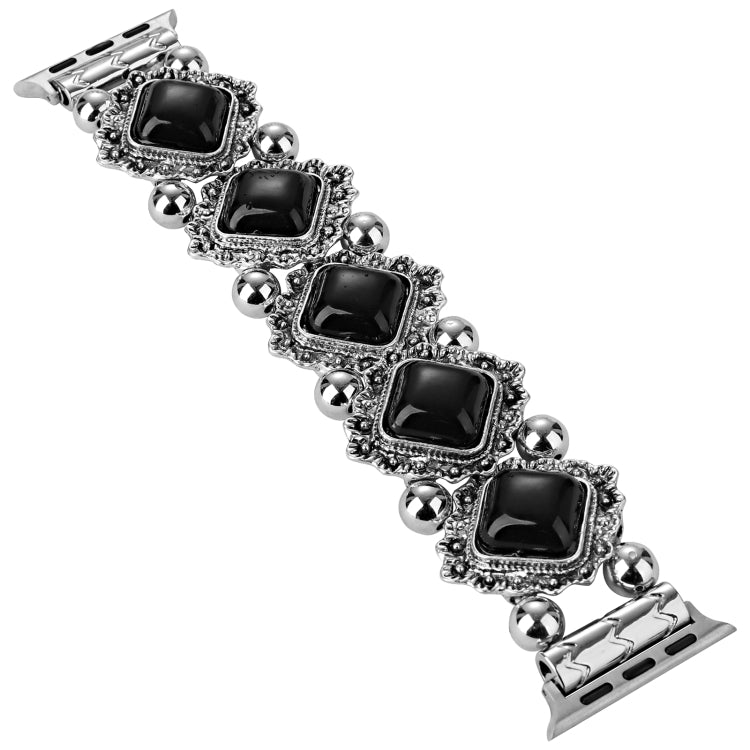 Retro pine stone metal watch band with black square cabochon stones and ball clasp ends