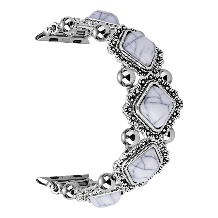 Retro pine stone metal watch band with light purple/white square cabochon stones and silver links