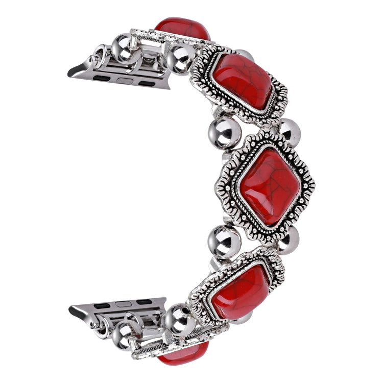 Retro pine stone metal watch band with red square cabochon stones and round silver beads