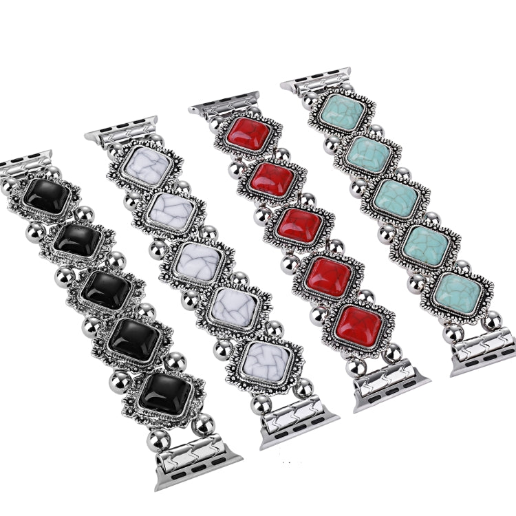 Retro metal watch band with square stone inlays, multi-color options
