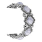 Retro pine stone metal watch band with light purple/white stone inlets and silver link frame