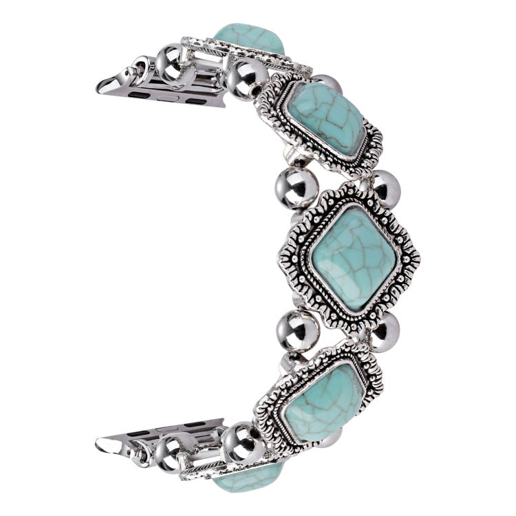 Retro pine stone metal watch band with turquoise square cabochon stones and beaded silver accents