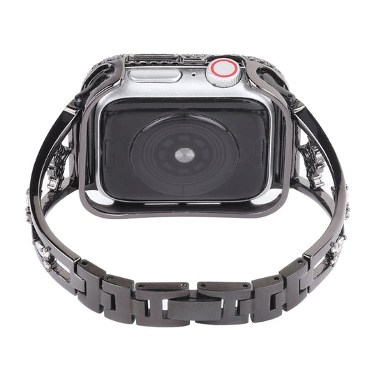 Rhinestone metal watch band with black links and camera-style back housing cover