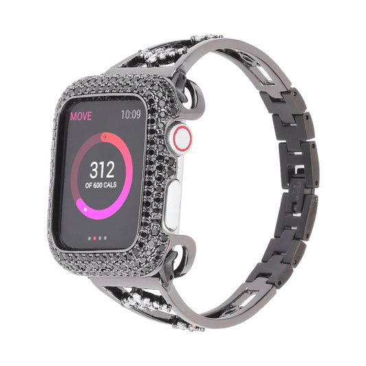Rhinestone metal watch band with black links and hoop clips for smartwatch