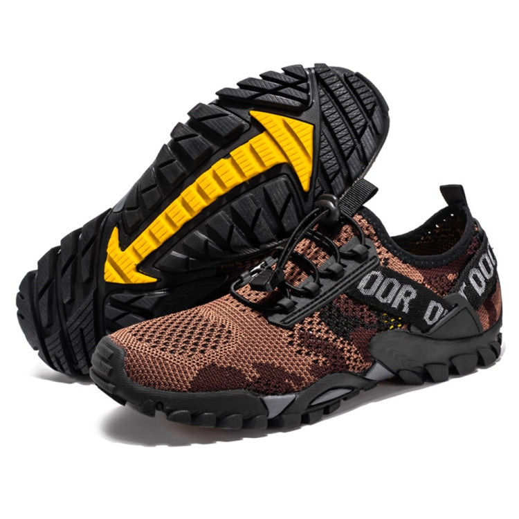 Men's thick-soled hiking shoes, brown knit with black and orange accents