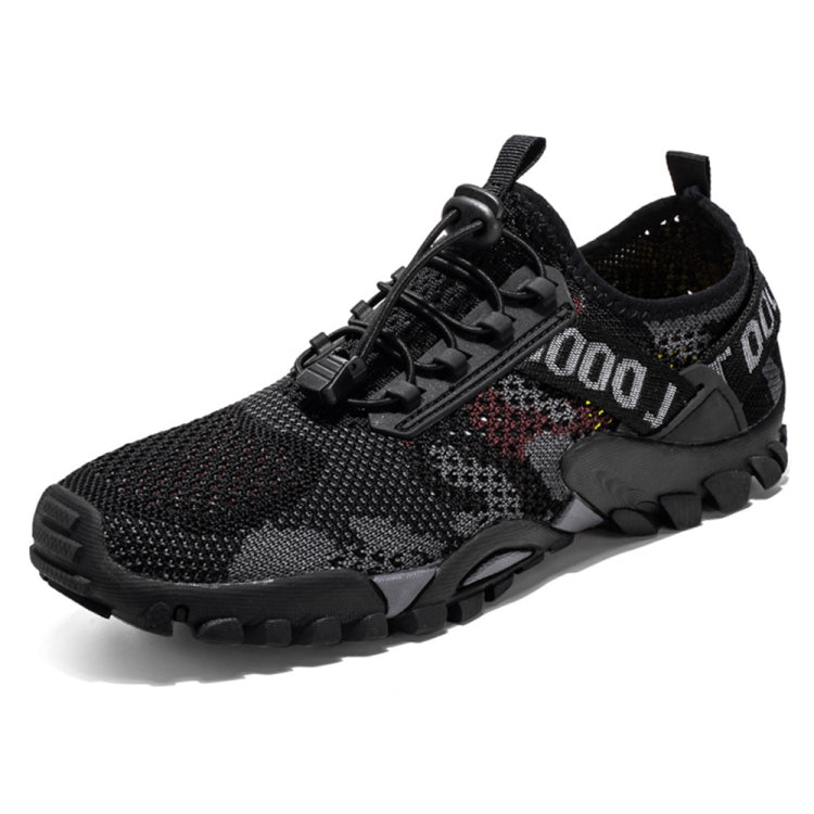 Men's outdoor hiking shoes, black knit upper with red speckle, chunky tread and laces