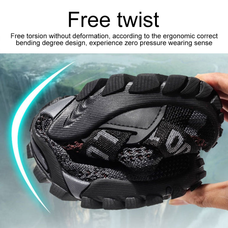 Men's black thick-soled hiking shoes, textured mesh upper and hook-loop straps