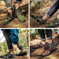 Outdoor hiking shoes, green and brown colorways, chunky soles and lace-free straps