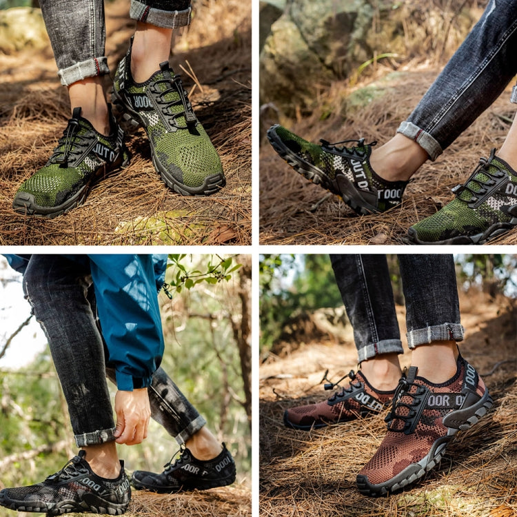 Outdoor hiking shoes, green and brown colorways, chunky soles and lace-free straps