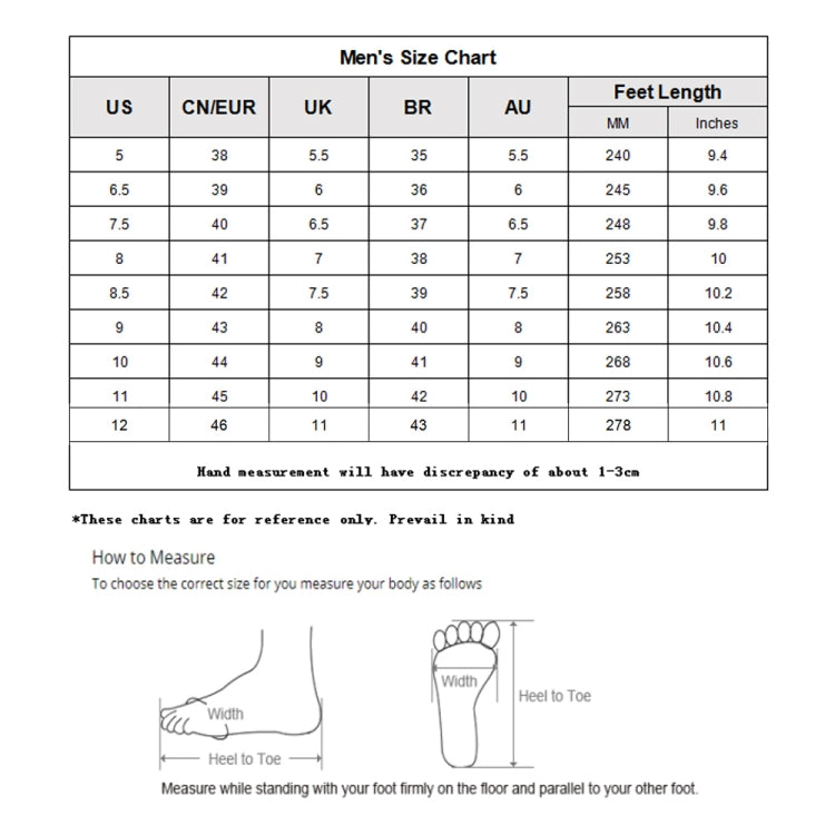 Men's shoe size chart with US, CN/EUR, UK, BR, and AU sizing and foot lengths