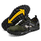 Men's thick-soled hiking shoes, dark green knit with black and yellow accents