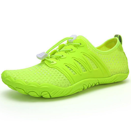 Neon green lace-up outdoor hiking shoes with textured knit upper and cushioned sole