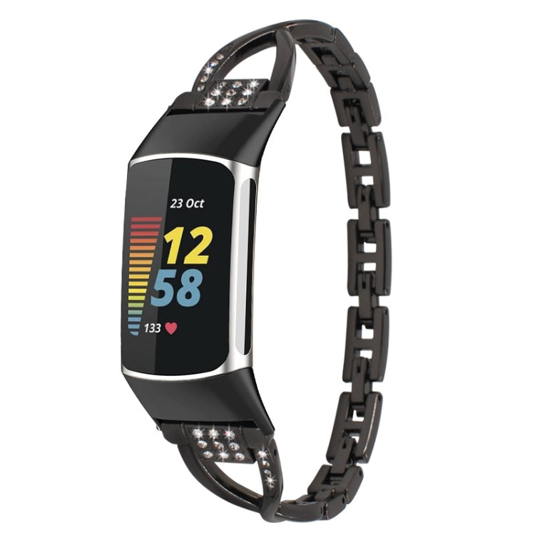 Black diamond metal watch band with rhinestone accents for Fitbit Charge