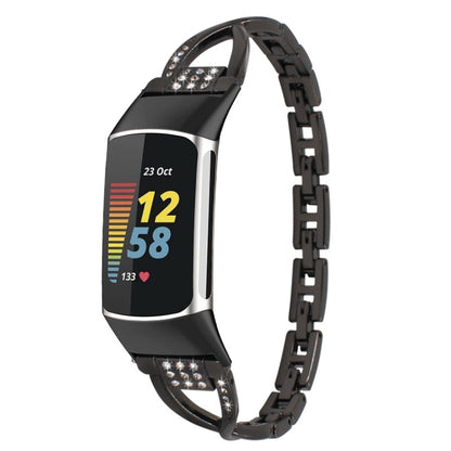 Black diamond metal watch band with rhinestone accents for Fitbit Charge