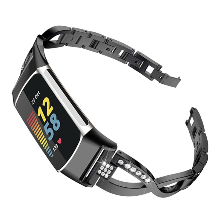 Black diamond metal watch band angled view with rhinestone strap centerpiece